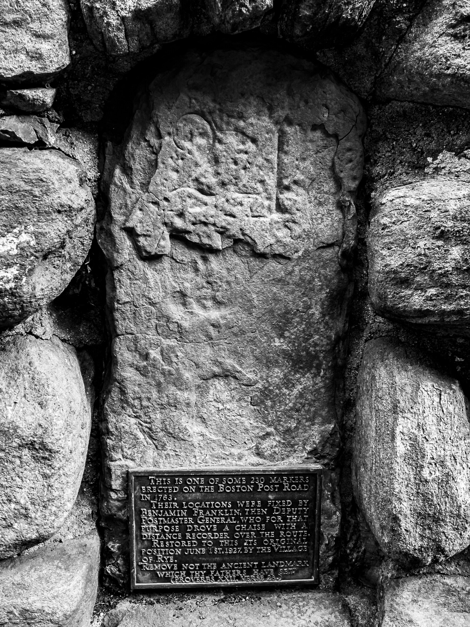 (PHOTO: Benjamin Franklin’s Milestone Markers 24. One of 230 markers erected on the Boston Post Road in 1763. By Stacy Massey.)
