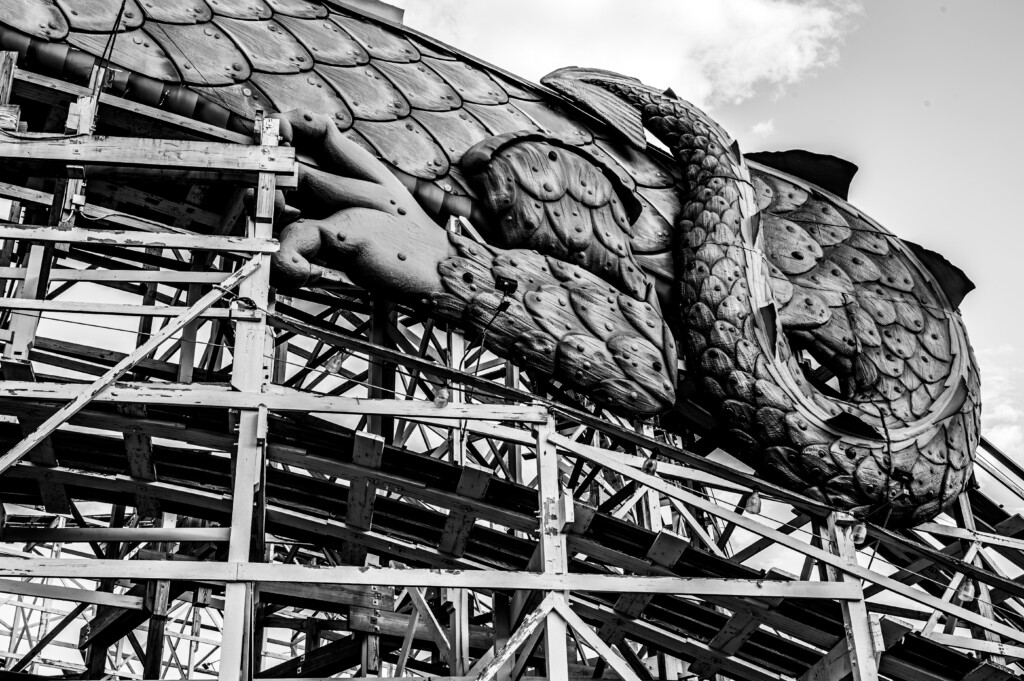 (PHOTO: The Dragon Coaster contributes to Playland’s National Historic Landmark status In its 95th year, it is one of the oldest wooden roller coasters in the US and was featured in Fatal Attraction and Mariah Carey's "Fantasy." By Stacey Massey, author of Fall in Love with Rye.)