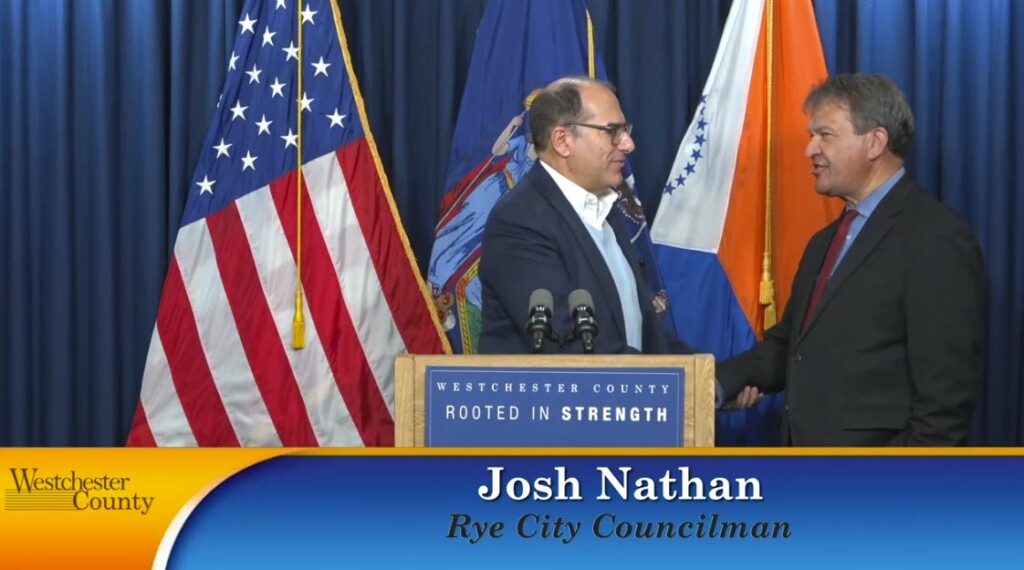 (PHOTO: On Monday, November 25, 2024 Westchester County Executive George Latimer officially submitted his resignation as head of County government as he heads to Congress as the new representative for NY-16. Rye City Councilman Josh Nathan appeared at the same briefing to provide a few Rye updates that included congratulating Latimer on his Congressional win.)