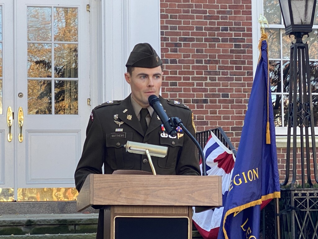 (PHOTO: Veterans Day 2024 keynote speaker Rye High School '11 graduate and Army Captain Leo Matthews, whose name is inscribed on the new Afghanistan-Iraq plaque.)