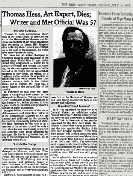 (PHOTO: The obituary of ARTnews editor-in-chief Thomas Baer Hess from the New York Times in 1978.)