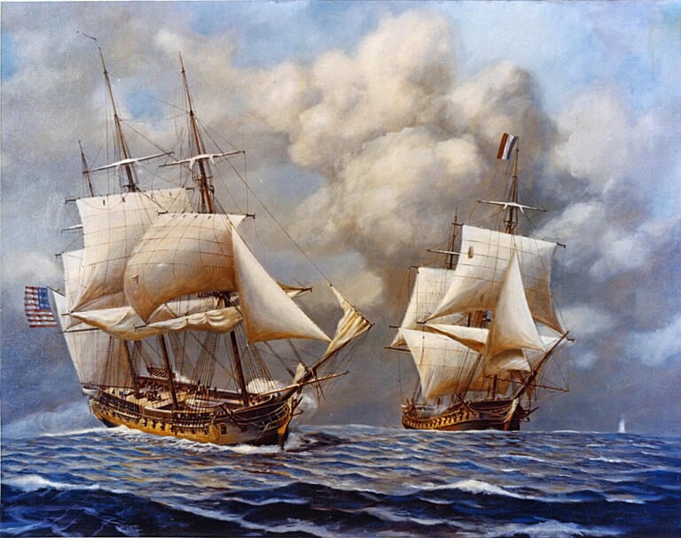 (PHOTO: Scene depicting the action of 9 February 1799, when the USS Constellation (left), commanded by Captain Thomas Truxtun, captured the French frigate L'Insurgente (right). Navy History and Heritage Command, National Archive ID# 428-KN-2882.)