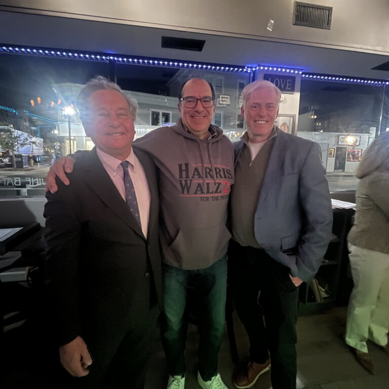 (PHOTO: Rye Democrats gathered at Anna Maria's Wine Bar on election night Tuesday, November 5, 2024: State Assemblyman Steve Otis, Rye City Councilman Josh Nathan and Rye City Councilman elect James Ward. Contributed.)