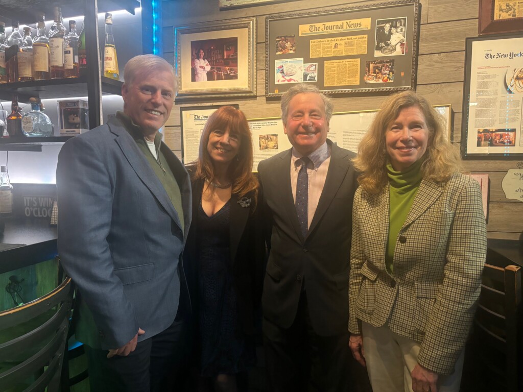 (PHOTO: Rye Democrats gathered at Anna Maria's Wine Bar on election night Tuesday, November 5, 2024: Rye City Council candidate James Ward, Robin Latimer (wife of County Executive and Congressman-elect George Latimer), State Assemblyman Steve Otis and Lisa Urban, chief of staff for Otis. Contributed.)