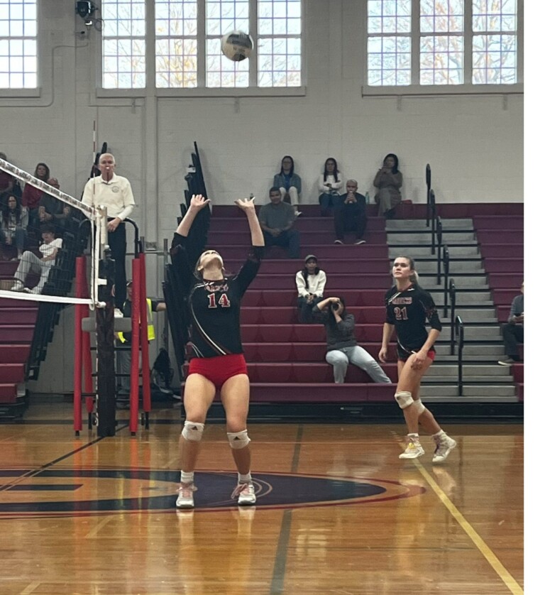 (PHOTO: Star senior setter Ashley Dehmer picked up her 1000th career assist in her team's round one victory over Edgemont. Credit: Rye Athletics.)