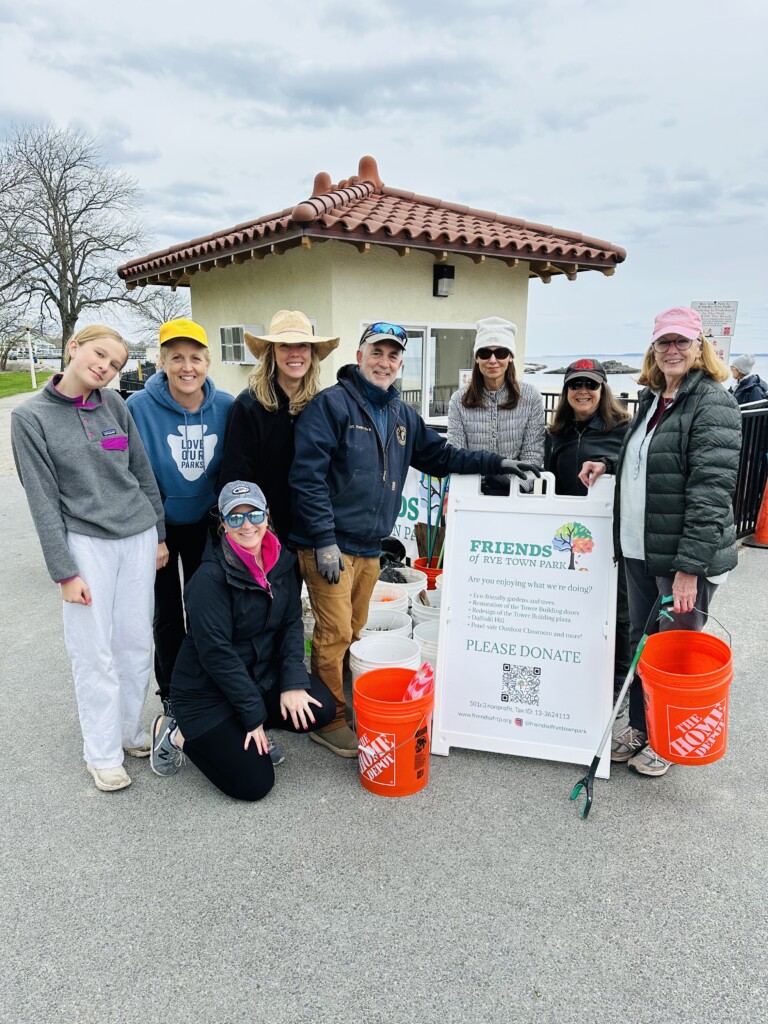 (PHOTO: The Friends of Rye Town Park facilitated a beach cleanup. (L to R) Kayla Doherty, Katherine Doherty (kneeling), Jamie Jensen, Diana Page, Russ Gold andvolunteers. Kayla and Katherine worked with Save the Sound to plan the Earth Day beach cleanup that drew over 60 volunteers. Contributed.)