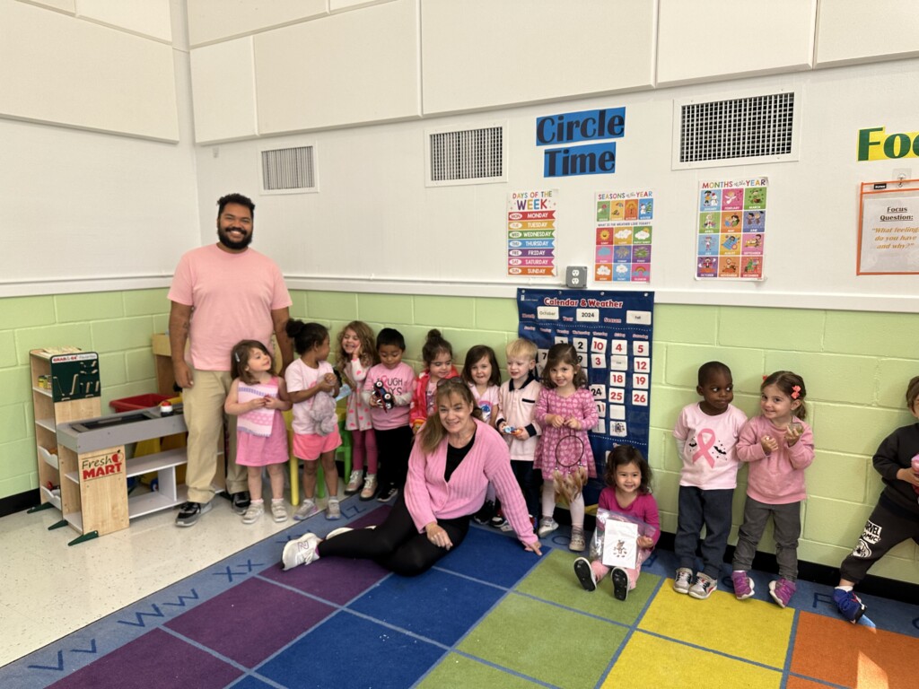 (PHOTO: At The Rye YMCA, Early Learning Center children wearing pink to raise awareness for breast cancer. Contributed.)