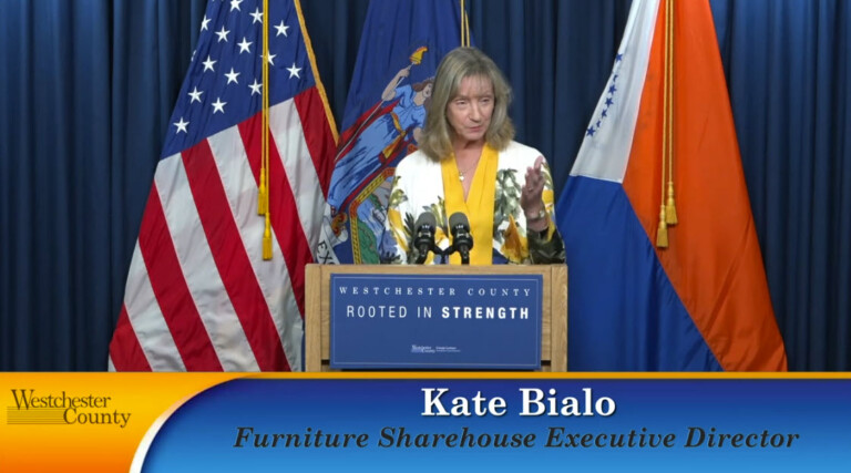 (PHOTO: Furniture Sharehouse Founder and Executive Director Kate Bialo appeared at one of Westchester County Executive George Latimer's weekly updates in 2024 to speak about the organization. Contributed.)