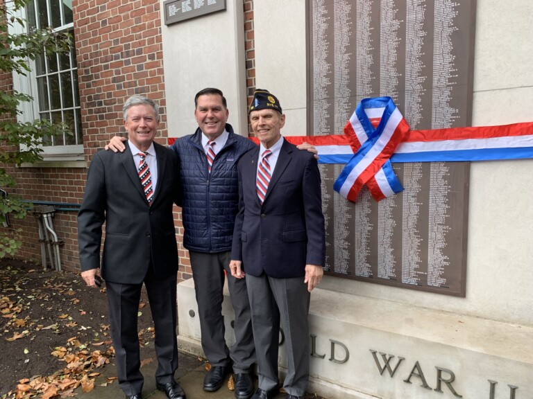 (PHOTO: American Legion Post 128 Legionnaires Tim Moynihan and Terry McCartney with Commander Fred de Barros at dedication of new City of Rye veterans’ monuments. November 2024. Contributed.)