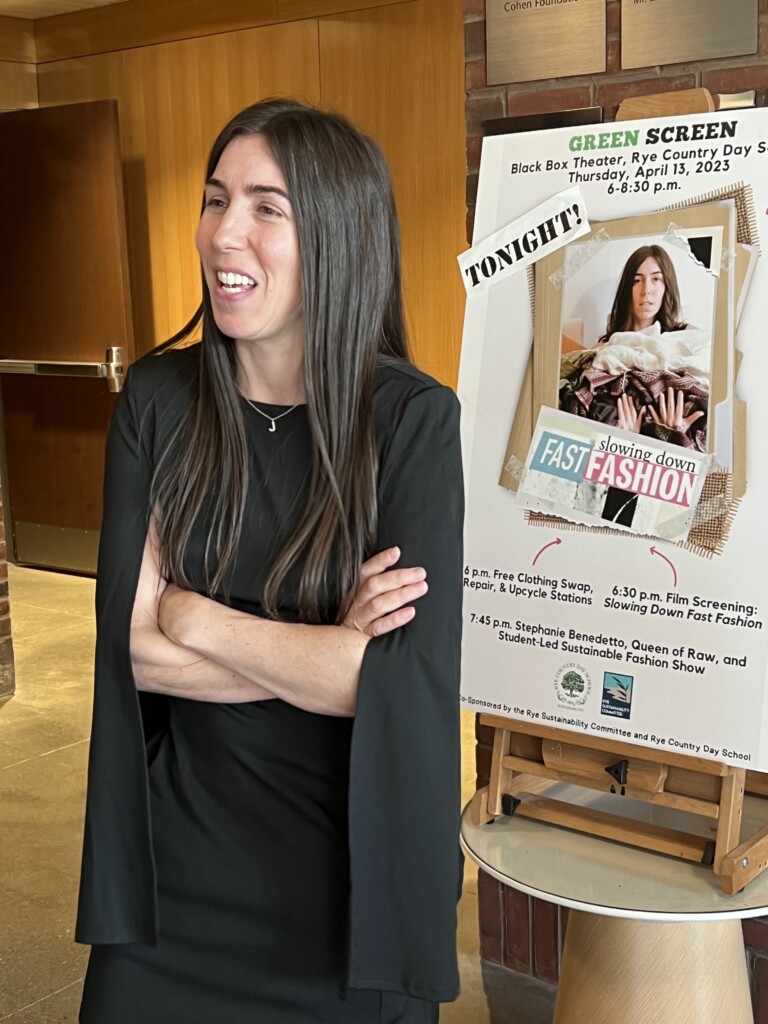 (PHOTO: Rye resident and founder of Queen of Raw, Stephanie Benedetto, appeared at the Rye Sustainability Committee's annual "Green Screen" event at Rye Country Day School to discuss the environmental harm of fast fashion. Contributed.)