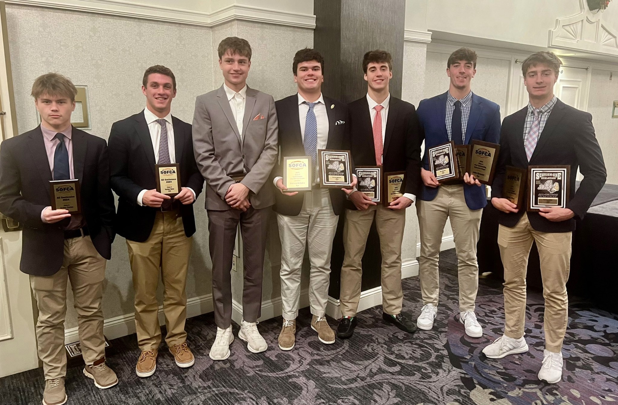 (PHOTO: Rye Football's four All-League and 4 All-Conference award winners. L to R: Archer Fenton, Tucker Hess, Henry Shoemaker, Patrick McGuire, Chris Iuliano, Jake Kessner, Carson Miller. Credit: Rye Athletics)