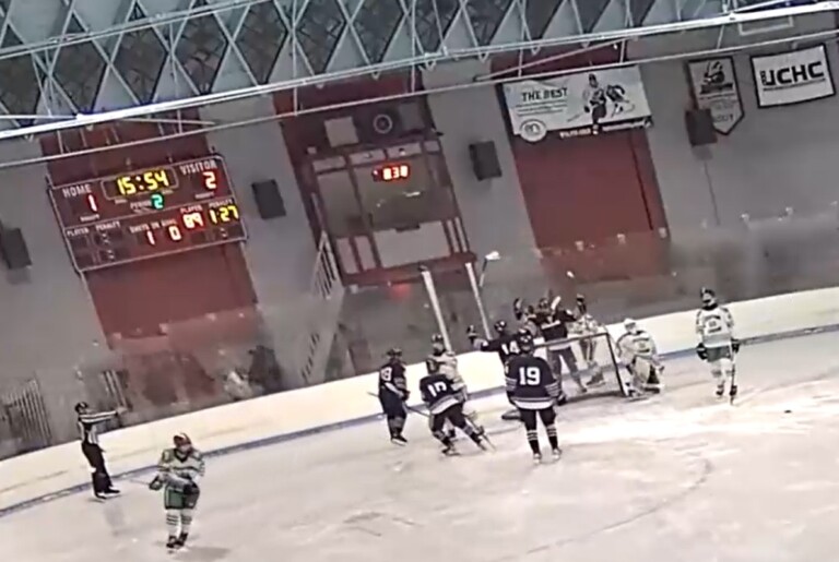 (PHOTO: Rye hockey celebrates after scoring in the second period of a 4-3 loss vs Rivertown.)