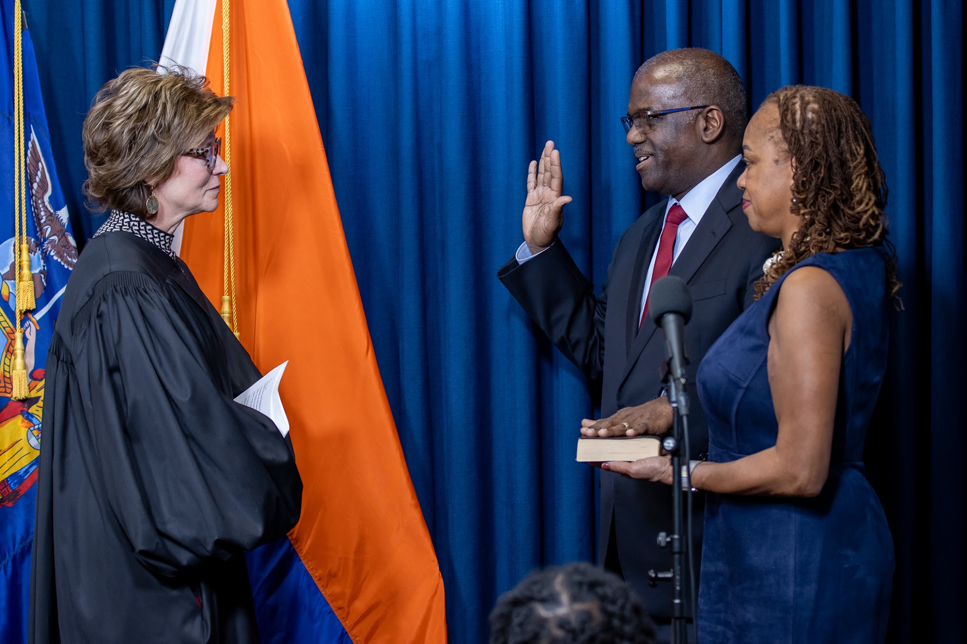 (PHOTO: On Monday, January 6, 2025, Ken Jenkins was sworn into office as Westchester County’s 10th County Executive. His oath was administered by New York State Supreme Court Justice Anne E. Minihan, 9th Judicial District. His his wife Deborah Hudson Jenkins was by his side. Contributed.)