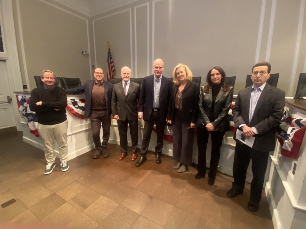 (PHOTO: James Ward was sworn in as the City of Rye's newest City Council member on Wednesday, January 8, 2025. Just after the swearing in, the whole gang got together: Henderson, Nathan, Ward, Cunningham, Jensen, Souza and Mayor Cohn.)