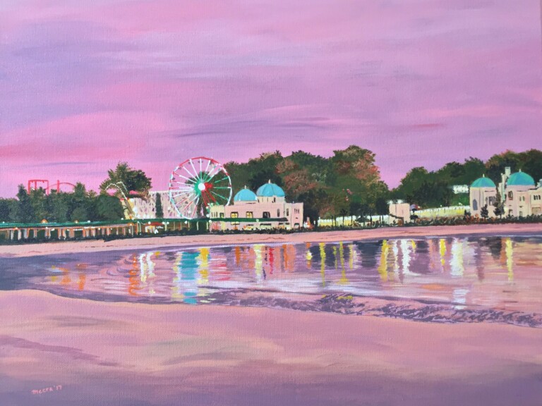 (PHOTO: Rye Playland at Dusk (acrylic on canvas), view of Rye Playland and boardwalk from Rye Beach. By Meera Agarwal.)