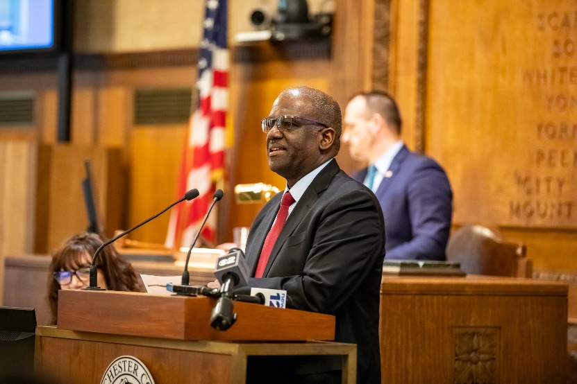 (PHOTO: Now Westchester County Executive Ken Jenkins addressed the Board of Legislators after he was voted into the position on Monday, January 6, 2024. Contributed.)