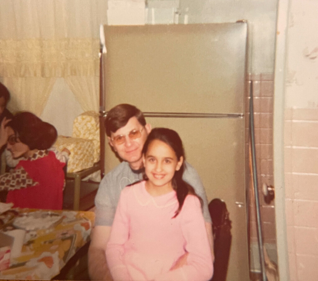 (PHOTO: At 219 Central Avenue in Rye: Kelly Mitten's mother Patricia Mitten (née Grippo) in 1974 on her 10th birthday with Kelly's great uncle, Ray Jimolka. Jimolka was a longtime Rye Resident and the Chief of the Rye Volunteer Fire Dept in the late 80s. Contributed.)