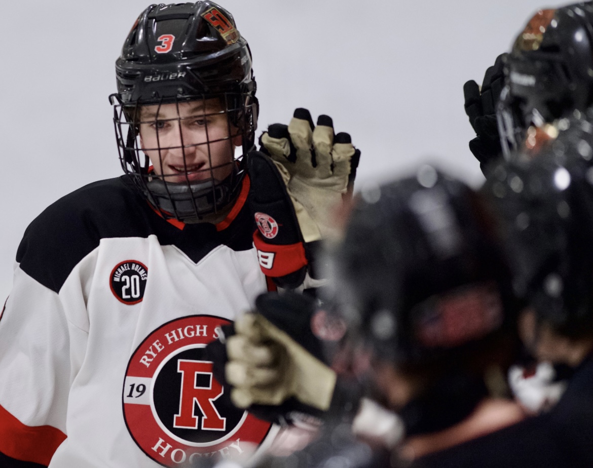 (PHOTO: Rye Athlete of the Month (February 2025) Drew Dolan celebrates a goal against Pelham. Contributed)