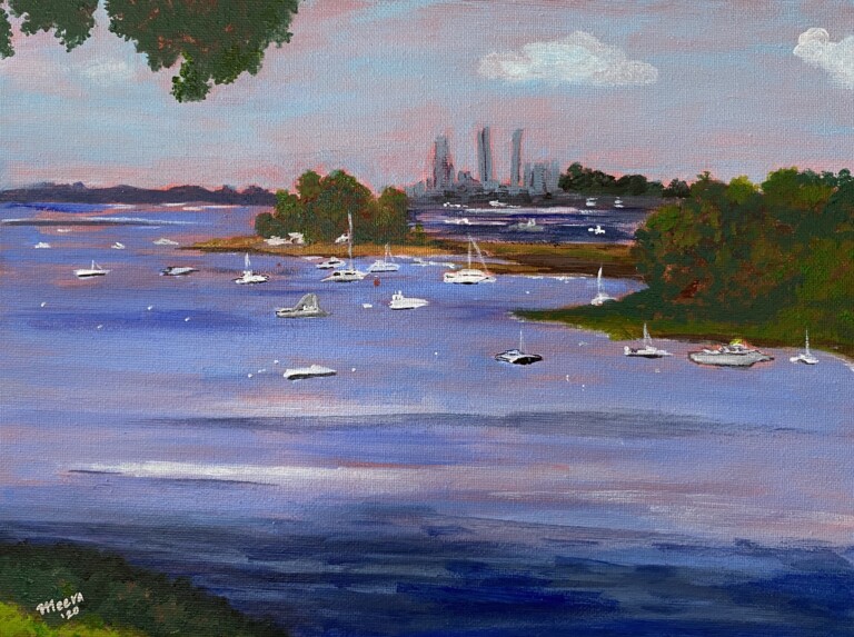 (In a New York Minute (acrylic on canvas, En plein air), view of NYC skyline from the Wainwright House. By Meera Agarwal.)