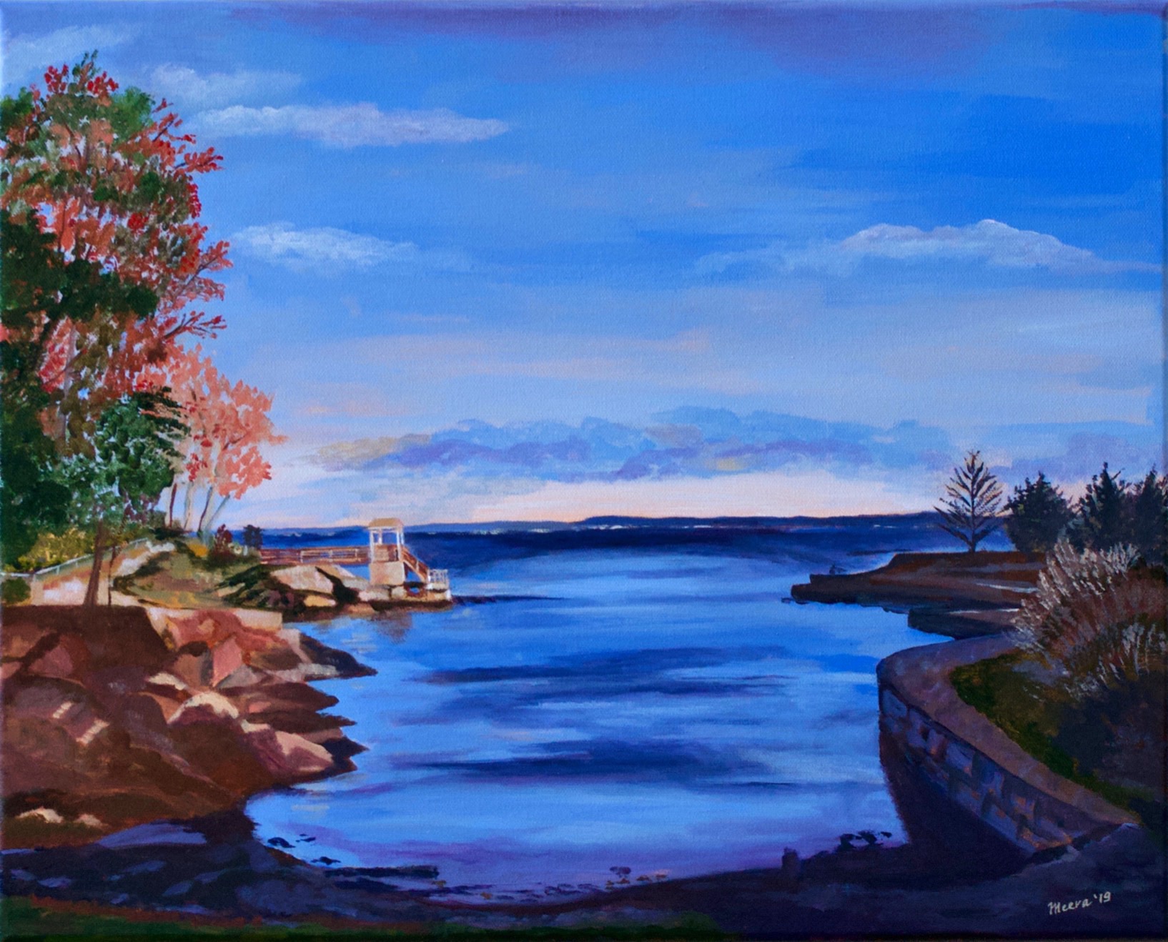 (PHOTO: Kniffen's Cove (acrylic on canvas, En plein air). View from Forest Avenue. By Meera Agarwal.)