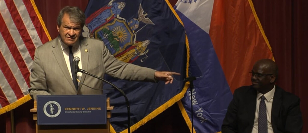 (PHOTO: Rye Guy, former County Executive and current NY-16 Congressman George Latimer speaking at the swearing in of Kenneth W. Jenkins on Sunday, March 30, 2025. Jenkins makes history as the first black County Executive in Westchester. Contributed.)