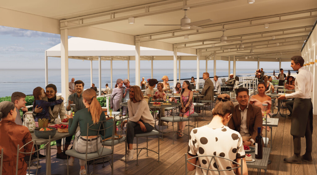 (PHOTO: Rendering of a new clubhouse terrace at American Yacht Club on Milton Point. On the Planning Commision April 8. 2025 agenda: American Yacht Club, Permit: Wetlands (WP#564) / Site Plan (SP#413), Planned site and architectural improvements to both the clubhouse and beach house facilities. Source: planning documents.)