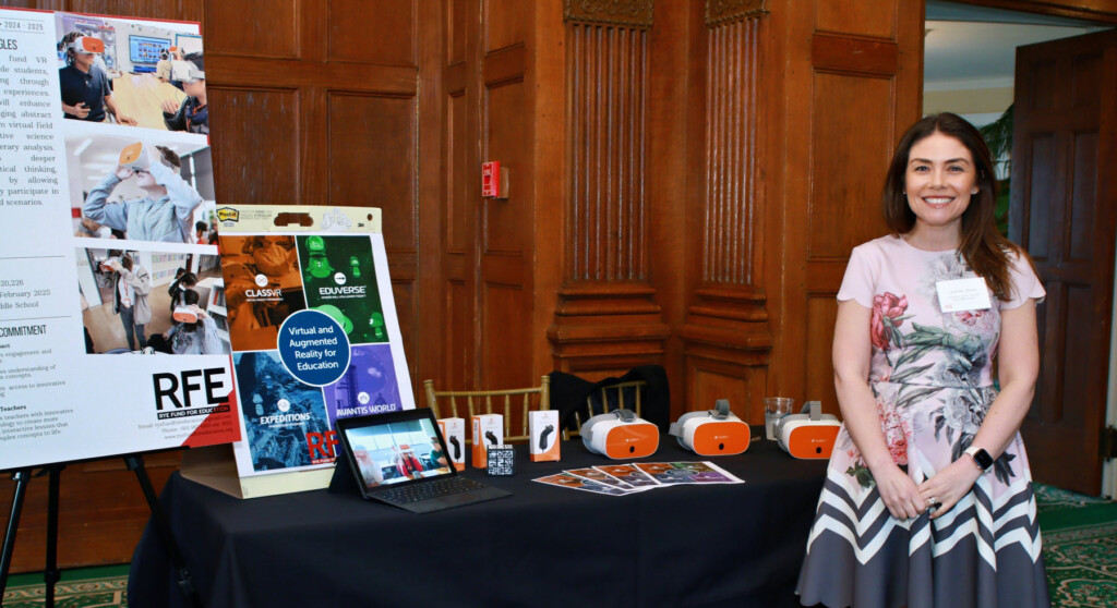 (PHOTO: Rye Fund for Education's annual gala on April 3, 2025 raised over $530,000. RMS teacher Leanne Janos explains use of the the VR Goggles. Contributed.) 