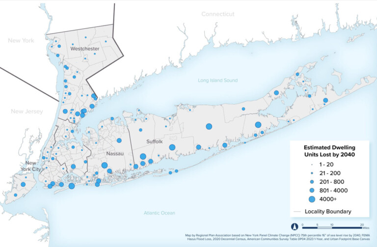 (PHOTO: A new report by the Regional Plan Association reports Westchester County could lose between 6,871 and 12,363 housing units due to flooding by 2040. The underlying data shows that loss for the City of Rye is between 1,000 and 1,900. Source: RPA.)