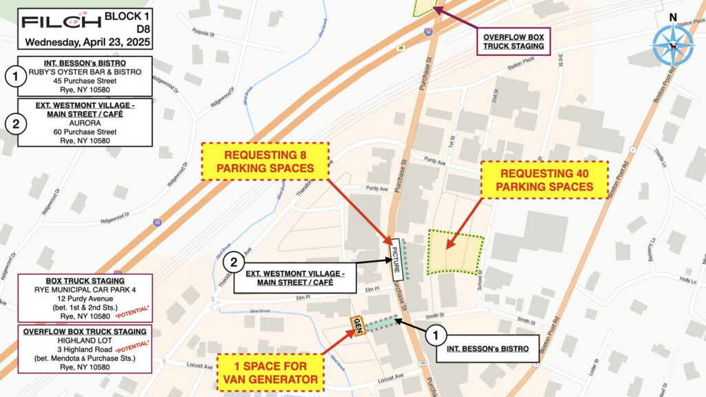 (PHOTO: SHOW BIZ TRAFFIC JAM. Film and TV star Jon Hamm will be back in downtown Rye on Wednesday, April 23, 2025 with Apple Studios to film an episode of Your Friends & Neighbors. Source: City of Rye.)