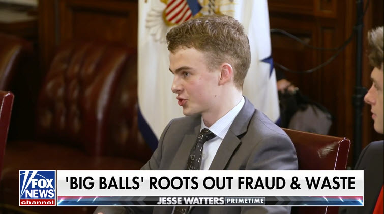 (PHOTO: Rye Country Day School ’24 graduate and Elon Musk DOGE Team member Edward "Big Balls" Coristine appeared on Jesse Watters Primetime on the Fox News Channel in May 2025.)