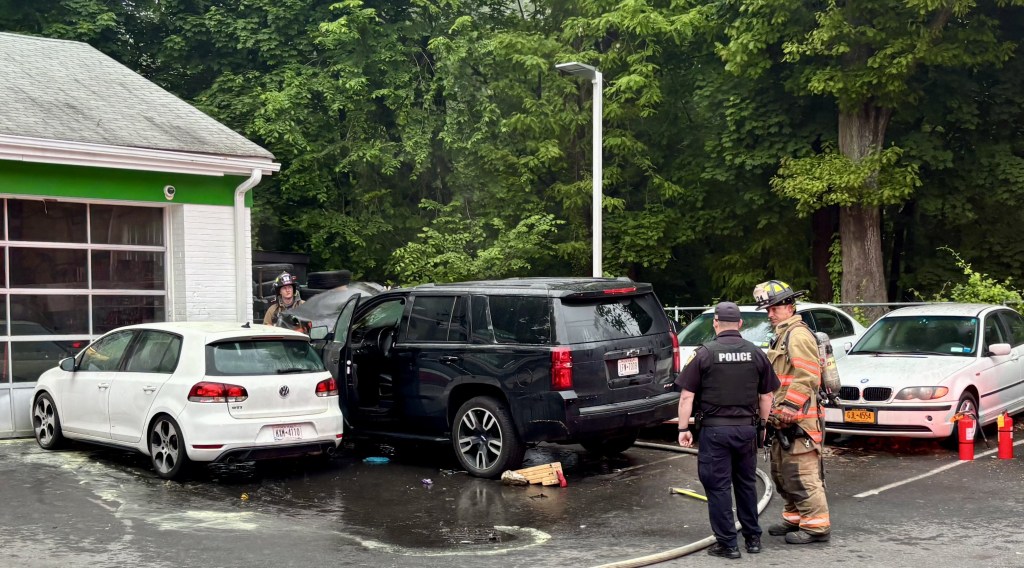 (PHOTO: Rye FD quickly extinguished the Chevrolet SUV car fire at the BP gas station on the Boston Post Road on Thursday evening, May 15, 2025. Contributed.)