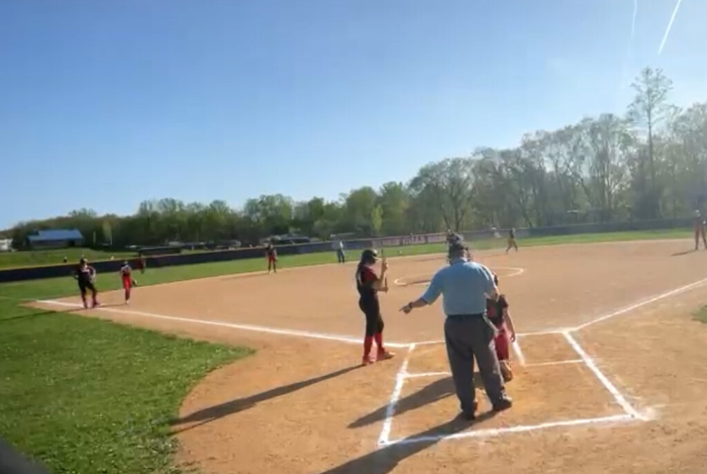 (PHOTO: Rye Softballs' Clara Mezcat at bat with two runnners on base in a 12-3 victory over Byram Hills on Thursday, May 1. Credit: Game Changer.)