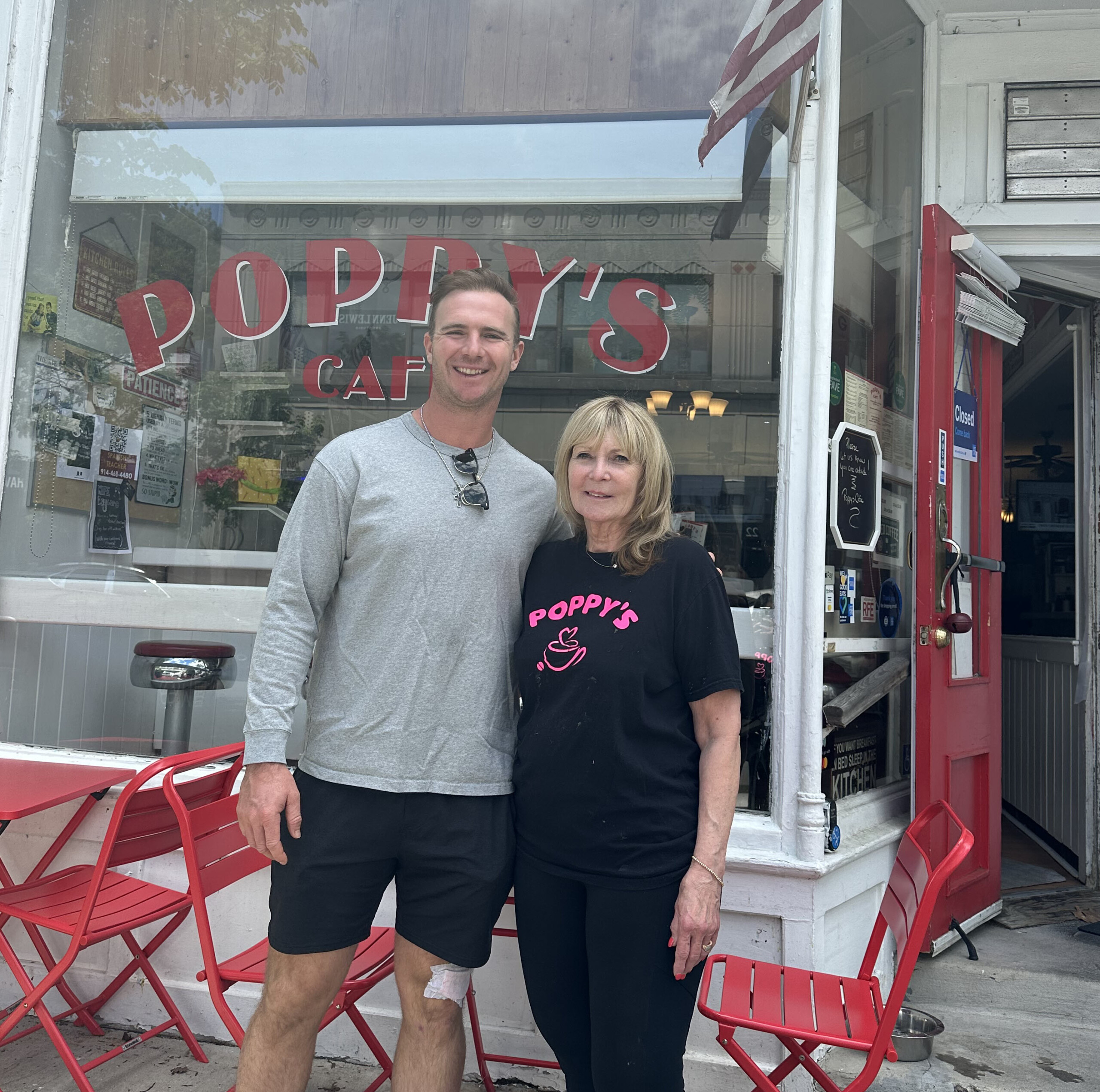 (PHOTO: Pete Alonso ("Polar Bear"), first baseman for the New York Mets with Gerry Massinello of Poppy's on Thursday, May 8, 2025. Alonso enjoyed lunch with his wife at the diner. Contributed.)