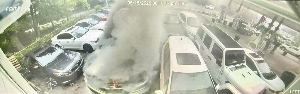 (PHOTO: Security camera footage shows the Chevrolet SUV car fire at the BP gas station on the Boston Post Road on Thursday evening, May 15, 2025. Contributed.)