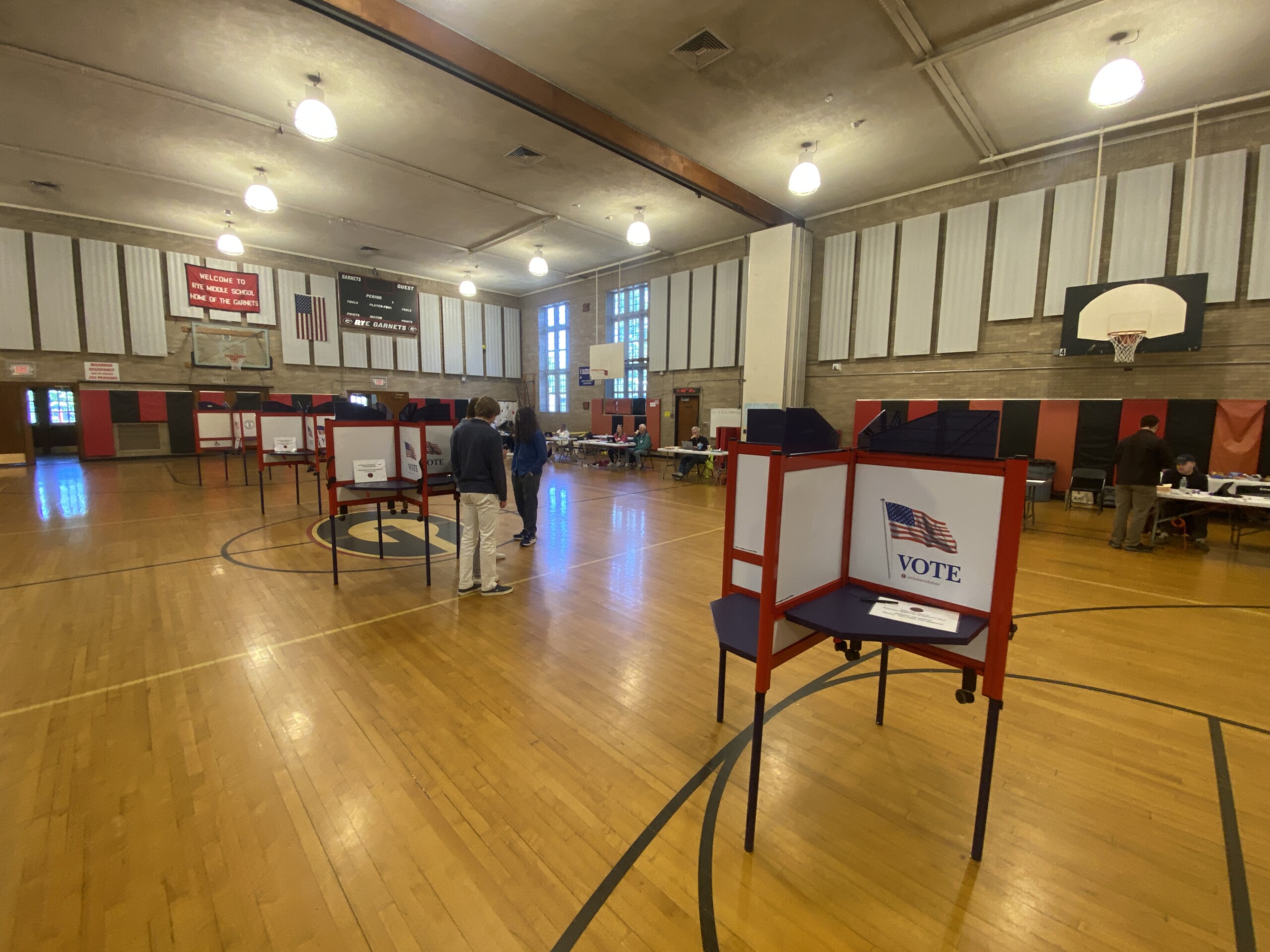 (PHOTO: Voting took place in the Rye Middle School gym on Tuesday, May 20, 2025 for the school budget and two available school board positions.)