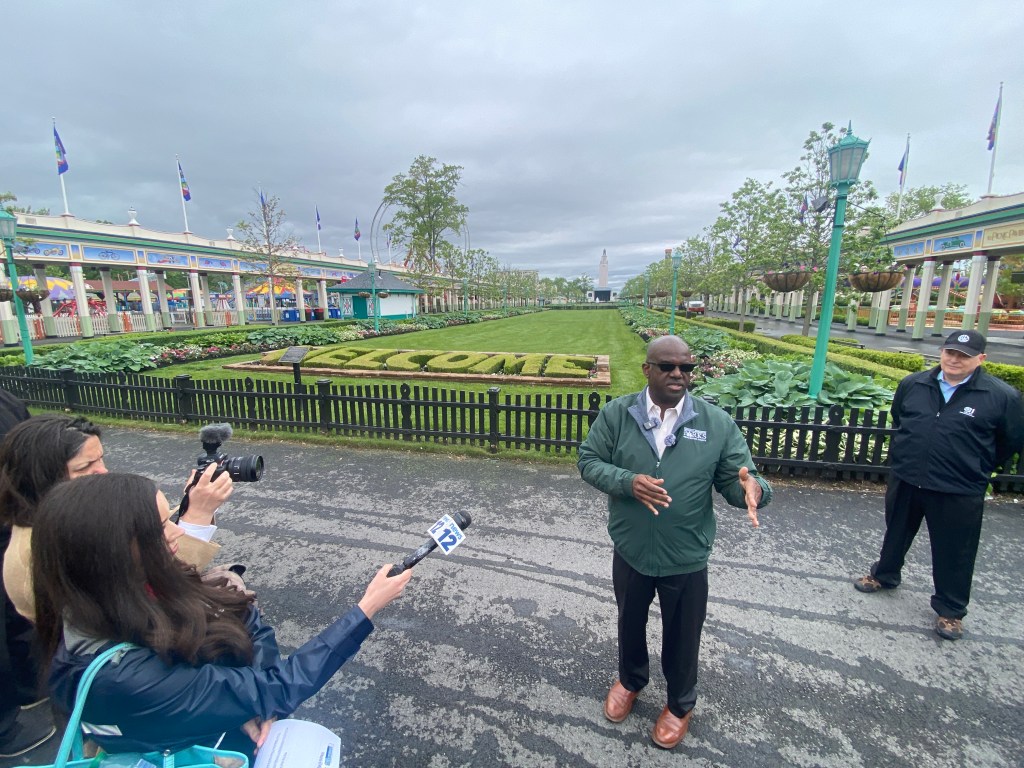 (PHOTO: Westchester County Executive Ken Jenkins speaks with local media during a Playland Park walk-through on Friday, May 23, 2025.)