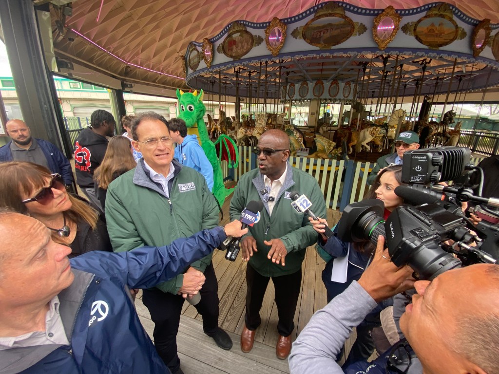 (PHOTO: Westchester County Executive Ken Jenkins speaks with local media during a Playland Park walk-through on Friday, May 23, 2025.)