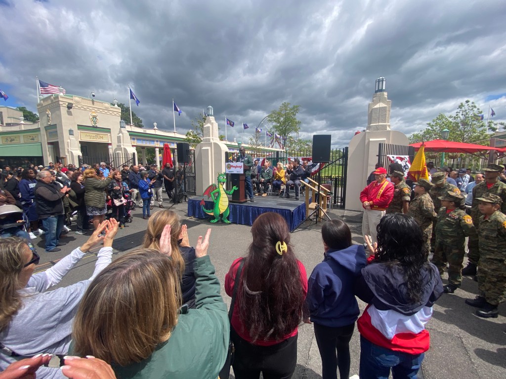 (PHOTO: Opening day for Rye Playland on May 24, 2025. County Executive Ken Jenkins addresses park goers before opening Playland for the season.)