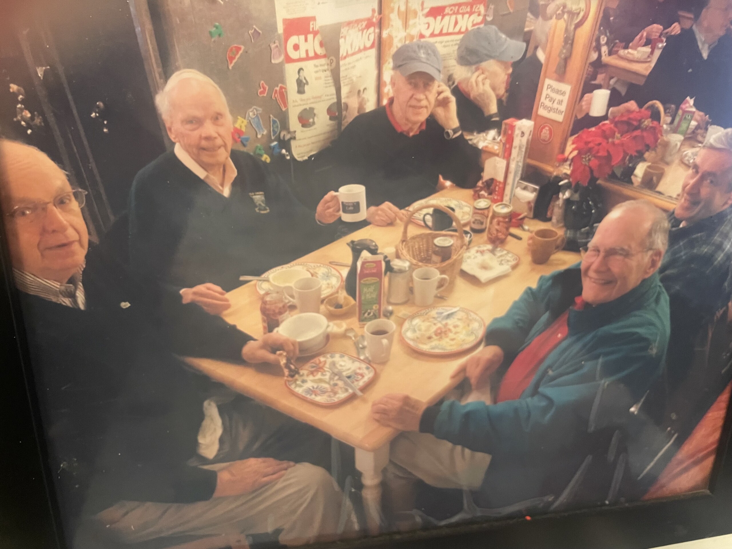 (PHOTO: Tom Fendler (center) at Poppy's with his regular crew (left to right) Jim Jackson, Coby Ellingwood, Fendler, Bob Sawyer and Claude Staley. Contributed.)