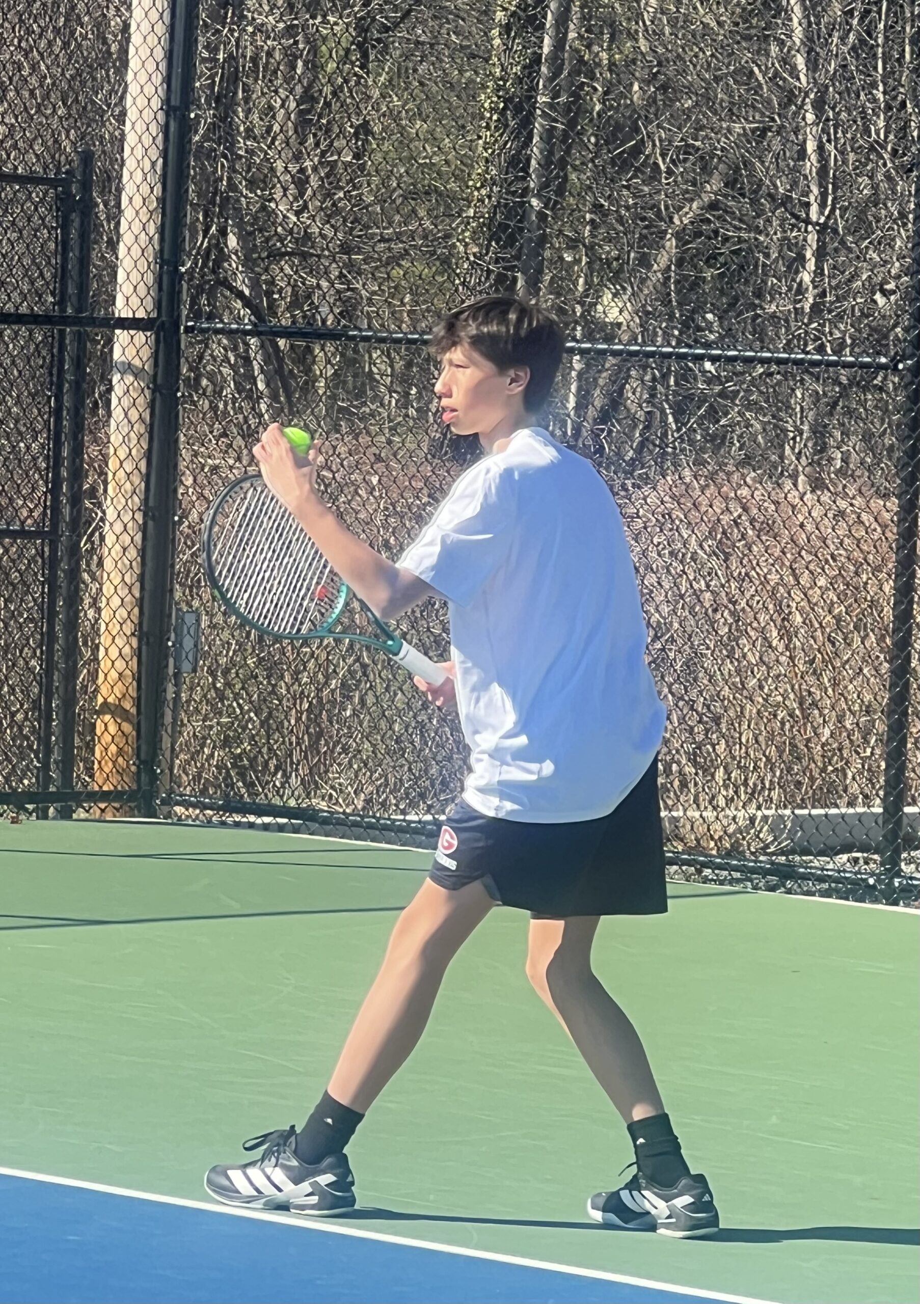 (PHOTO: Rye Boys Tennis' Xavier Morell playing second singles for first time in his varsity career on Thursday, May 1. Contributed.)