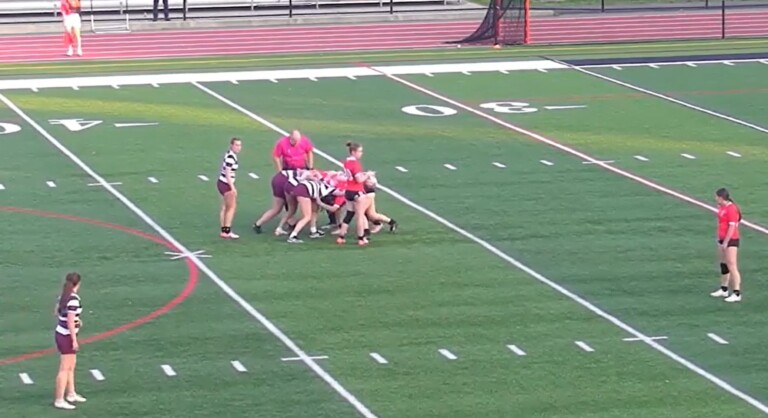 (PHOTO: Rye Girls Rugby lining up for a scrum against Horace Mann on Thursday, May 1. The Garnets won 24-12 and went 2-0 on the day.)