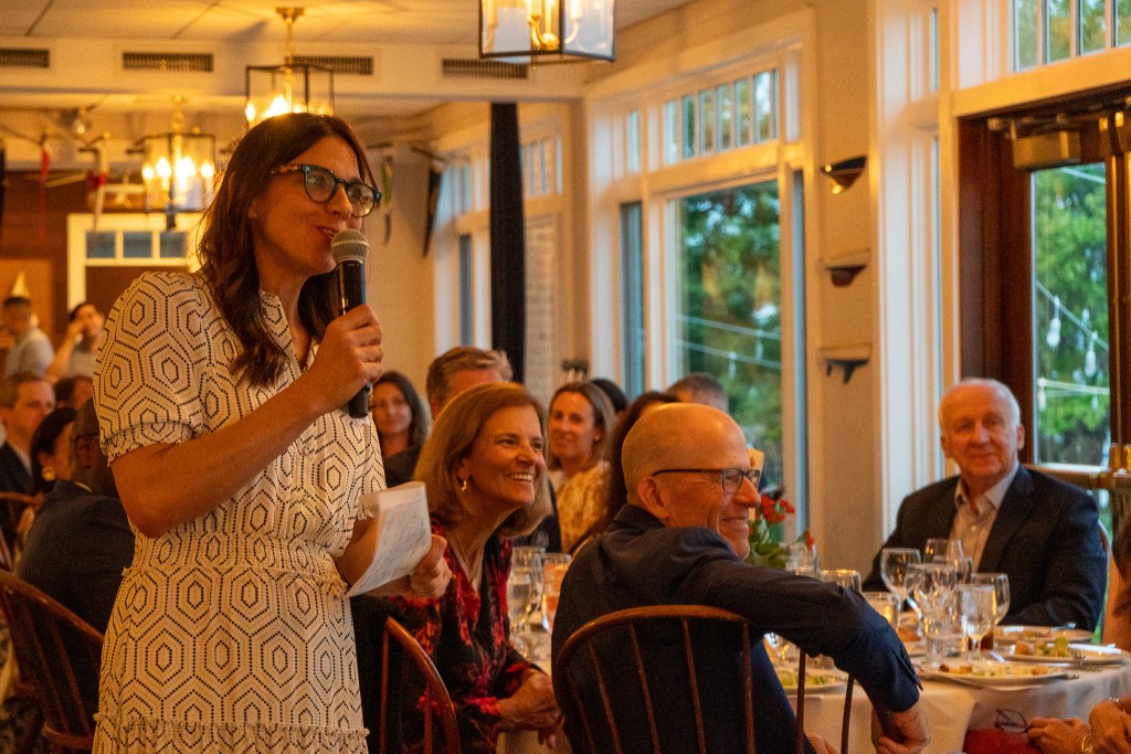 (PHOTO: The Friends of Rye Nature Center (FRNC) raised over $160,000 at its annual Nature Access Fund (NAF) Benefit fundraiser on Friday, May 30, 2025. FRNC Executive Director Christine Siller addresses the crowd. Contributed.)