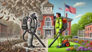 (PHOTO: On Wednesday, June 11, 2025 Rye City Council will hold a hearing and possibly a vote on further restrictions on gas leaf blowers. Credit: MyRye.com via DALL-E.)