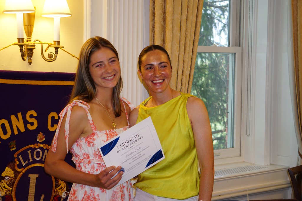 (PHOTO: Rye Varsity Field Hockey player Caroline Doyle with Coach Theresa Jelalian at the Rye City Lions Club 27th Annual Scholar Athlete of the Year on June 12, 2025. Credit: Will Kressler.)
