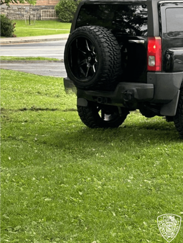 (PHOTO: This photo, taken by a witness, allegedly shows James D. Wilson, 45, of New Rochelle, doing "donuts" in the grass at Rye Recreation with a Hummer H3. Source: Rye PD.)