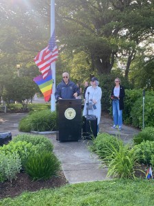 (PHOTO: The Fifth Annual Pride Month Celebration was held in Rye Town Park on May 31, 2025, organized by the Town of Rye, Rye Town Park, and pRYEde. Rye Town Supervisor Gary Zuckerman making remarks.)