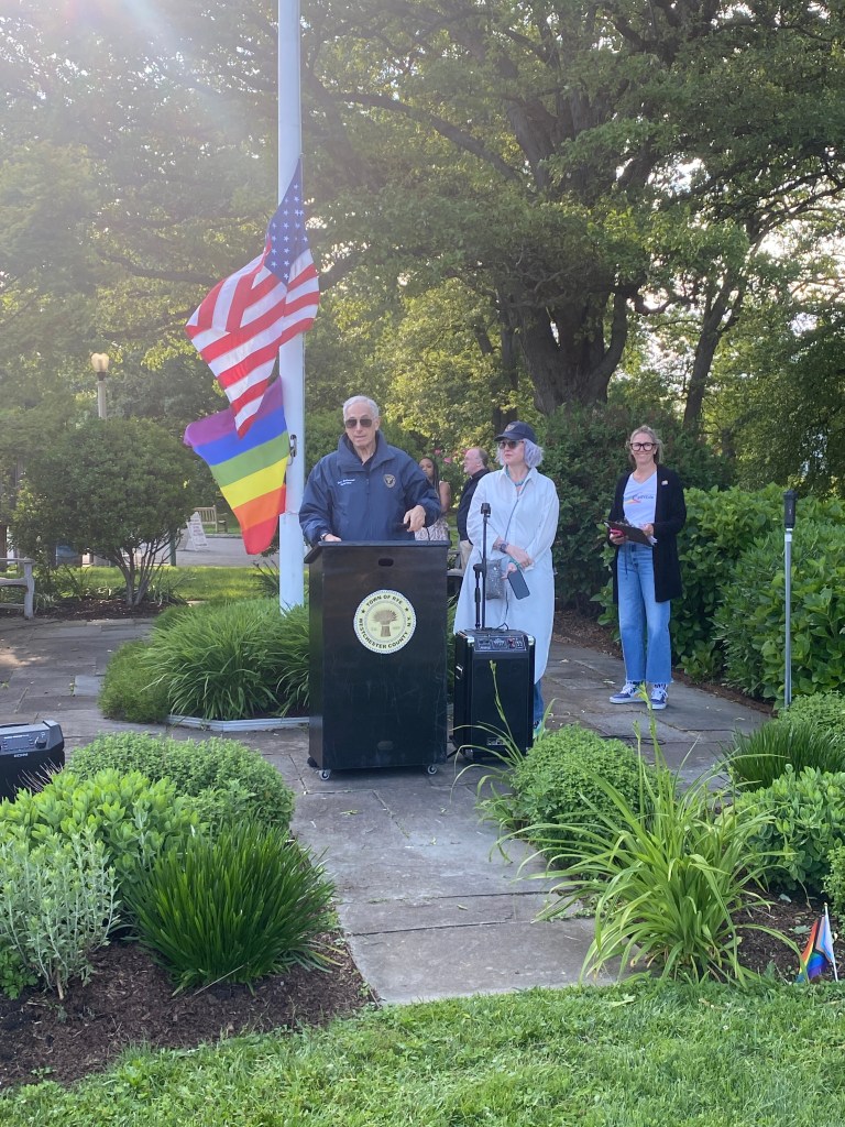 (PHOTO: The Fifth Annual Pride Month Celebration was held in Rye Town Park on May 31, 2025, organized by the Town of Rye, Rye Town Park, and pRYEde. Rye Town Supervisor Gary Zuckerman making remarks.)