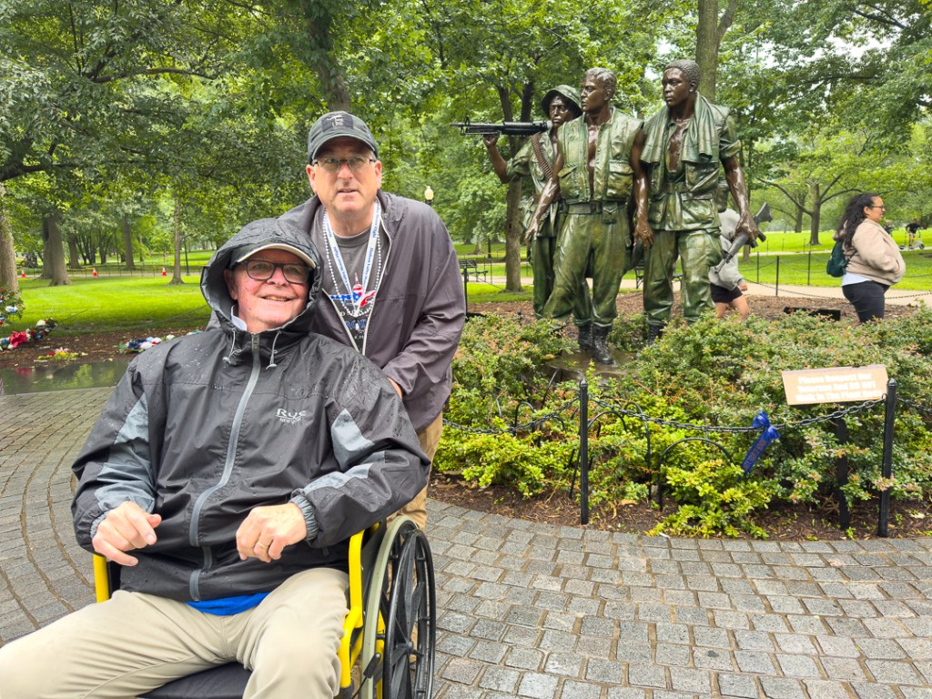 (PHOTO: Seven Rye veterans participated in an honor flight to Washington, D. C. on Saturday, May 31, 2025. Jim Dianni, a Vietnam Veteran, and his guardian at the Vietnam Veterans Memorial. Contributed.)