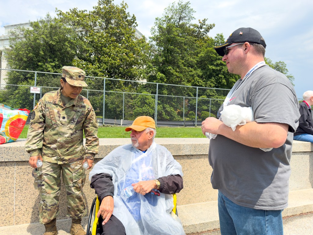 (PHOTO: Seven Rye veterans participated in an honor flight to Washington, D. C. on Saturday, May 31, 2025. Tom Battista meeting one of the soldiers from the US Army during the Honor Flight. Contributed.)