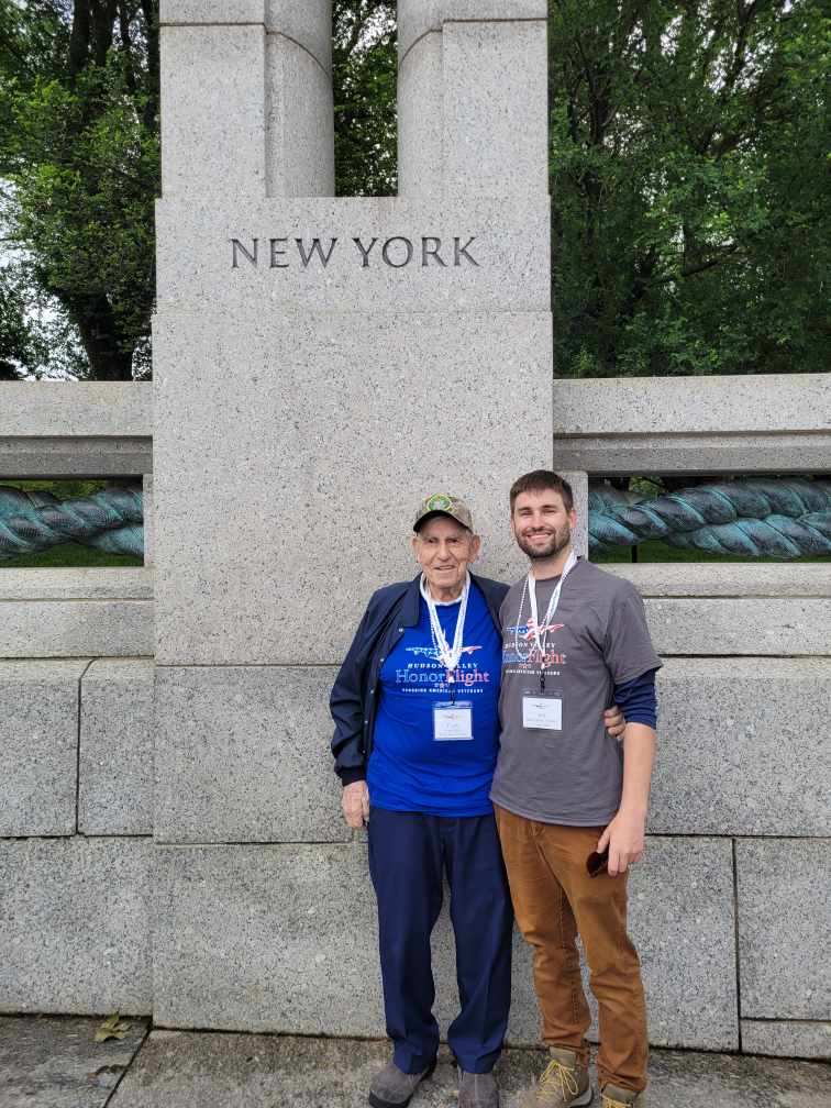 (PHOTO: Seven Rye veterans participated in an honor flight to Washington, D. C. on Saturday, May 31, 2025. Frank Berté and his grandson Jeff Dempsey at the New York portion of the World War II Memorial. Contributed.)